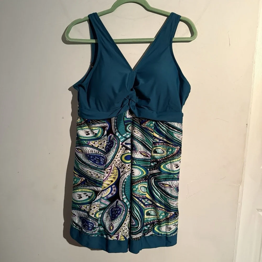 One Piece XXL Shaping Swimsuit Dress Boho Paisley Empire Waist Cruise Resort NWT